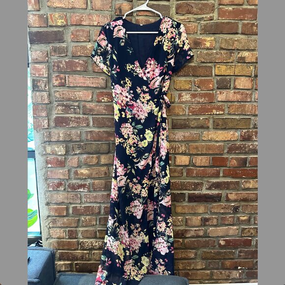 Navy Floral Maxi Wrap Dress, Size M - Picture 2 of 4